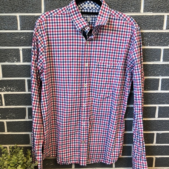 Express: Blue, Red, Plaid Button-down - Picture 2 of 4